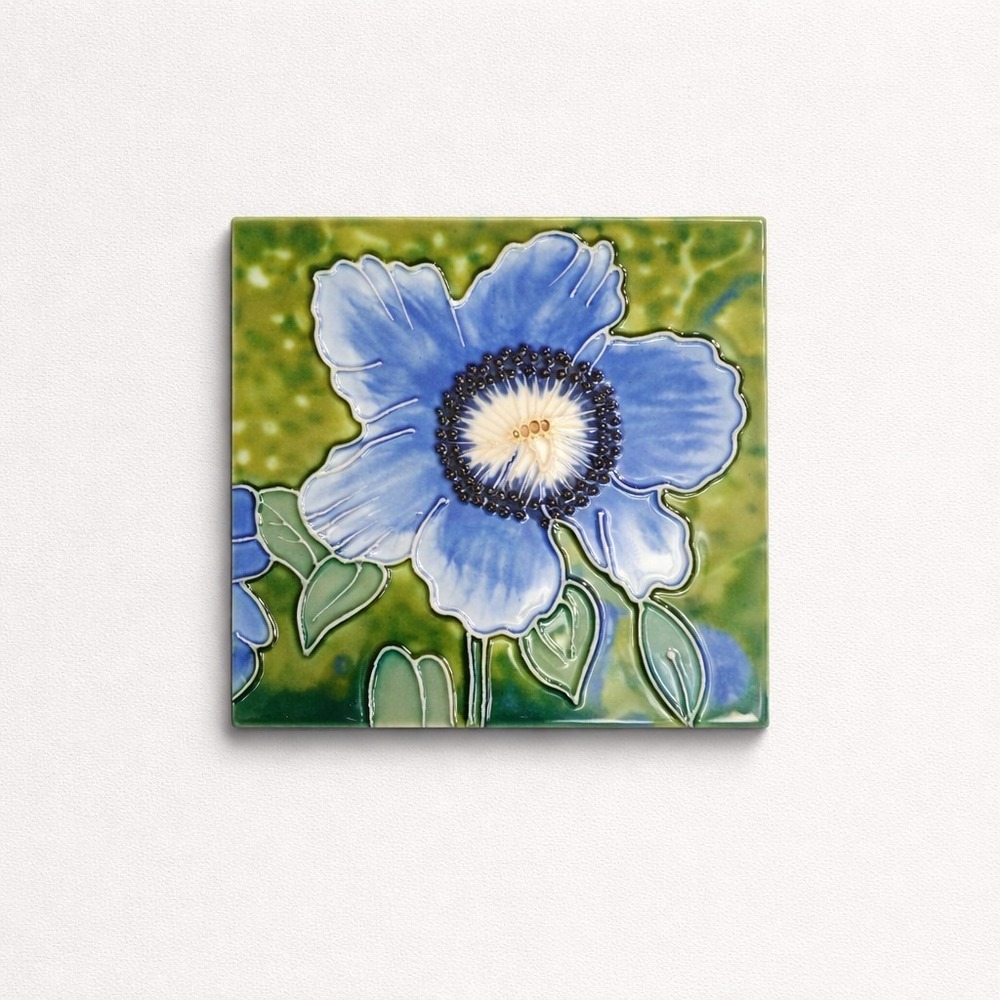 BENAYA Hand Craft BLUE POPPY Floral Art Ceramic Tile Wall Table Trivet Plaque 6"